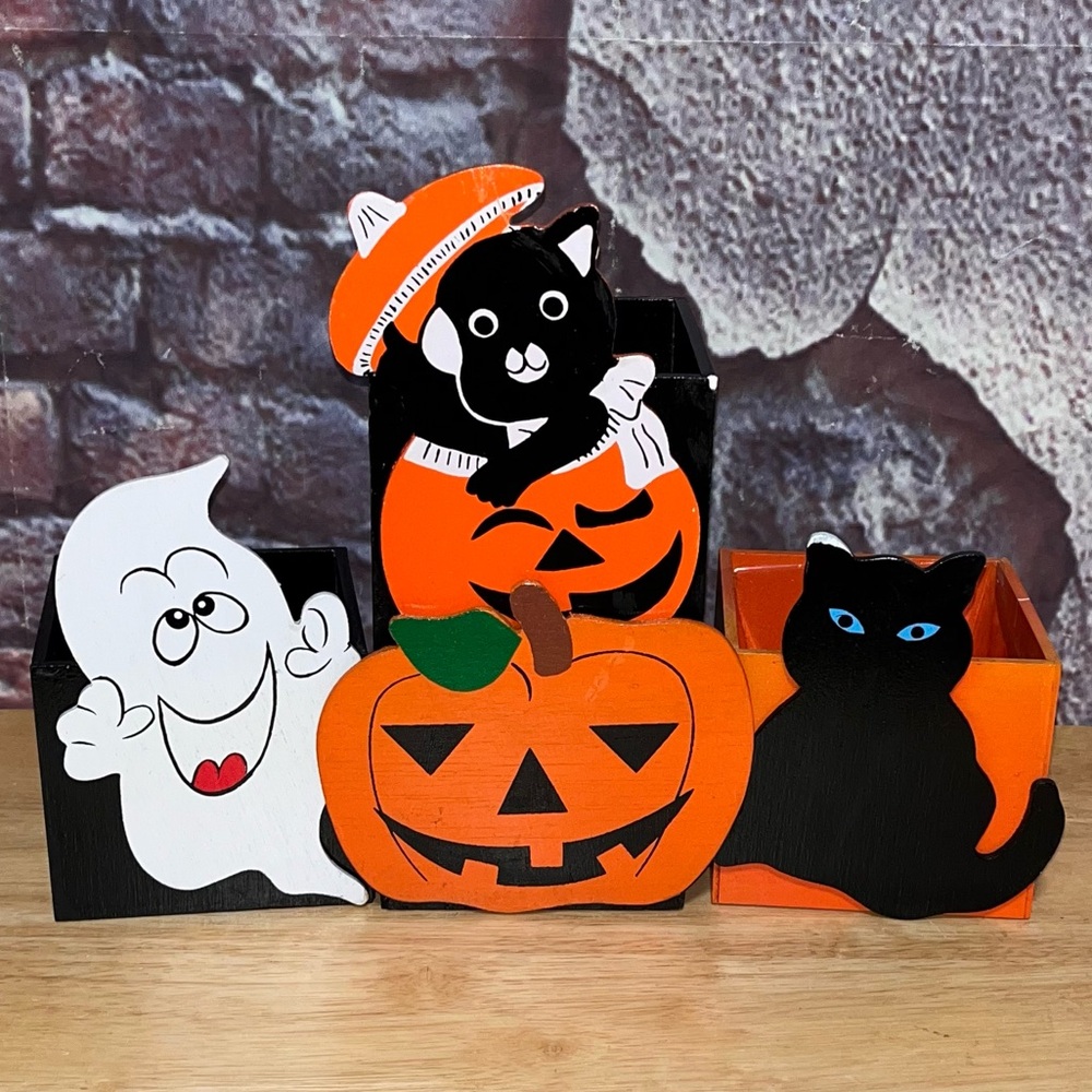 Vintage Halloween Michaels & Lucie Sable Ghost Cats Pumpkin Wood Box Decoration